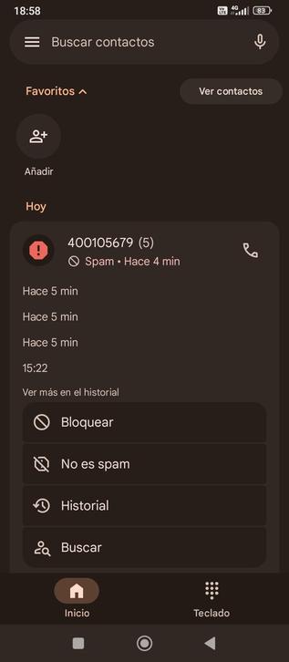 Captura de pantalla de mi móvil: se muestra un número de teléfono que fue bloqueado automáticamente, 5 veces, por spam